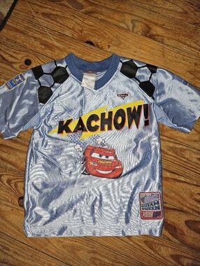 Disney Light Blue Kids Racing Tee Lightning McQueen Accent Vintage 90s Small